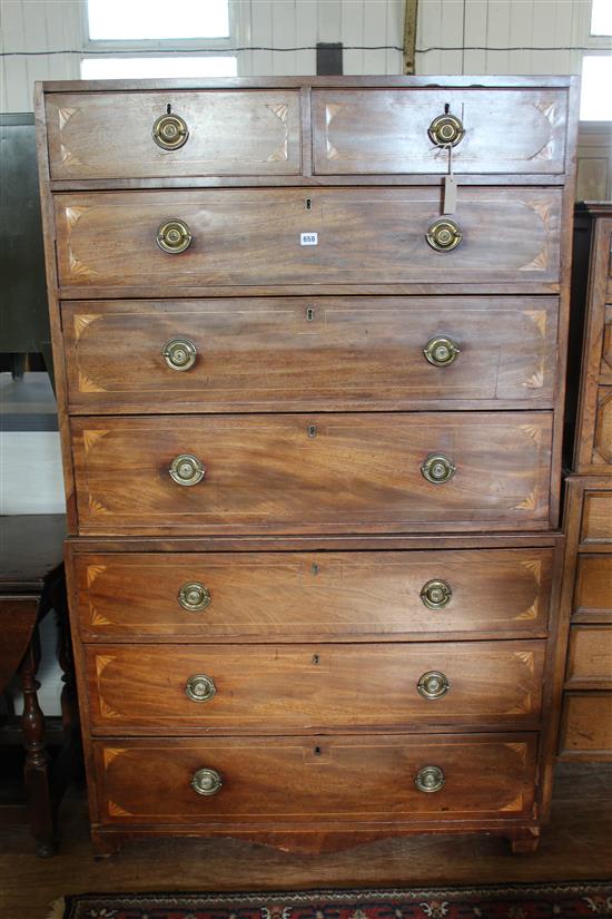 George III mahogany and satinwood chest on chest